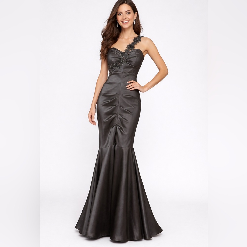 XSCAPE BY JOANNA CHEN Pewter Gray Ruched One Shoulder Mermaid Prom Gown Dress 4